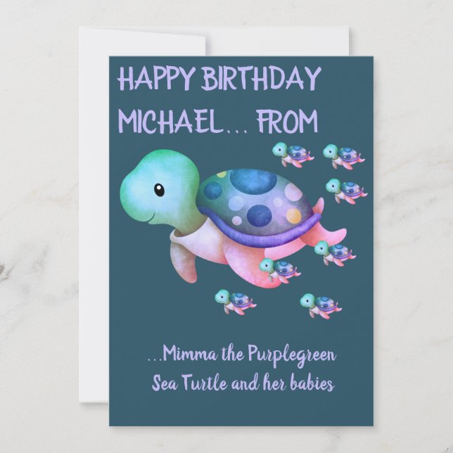 Cute Purplegreen Sea Turtle & Babies Birthday Card (Front)