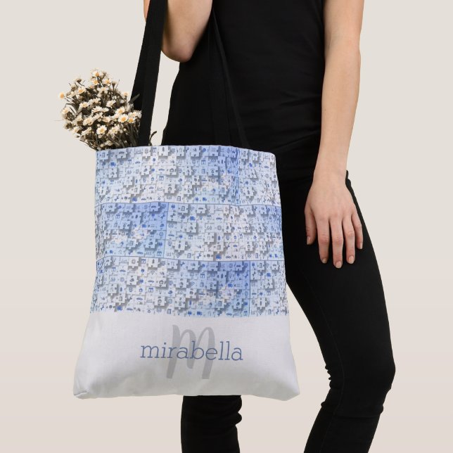Cute Puzzle Pieces Monogrammed Tote Bag (Close Up)