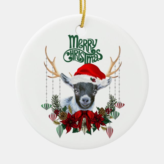 Cute Pygmy Kid Goat Christmas Ceramic Tree Decoration (Front)
