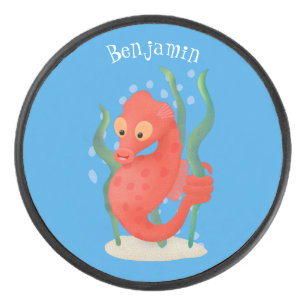 Cute pygmy seahorse cartoon hockey puck
