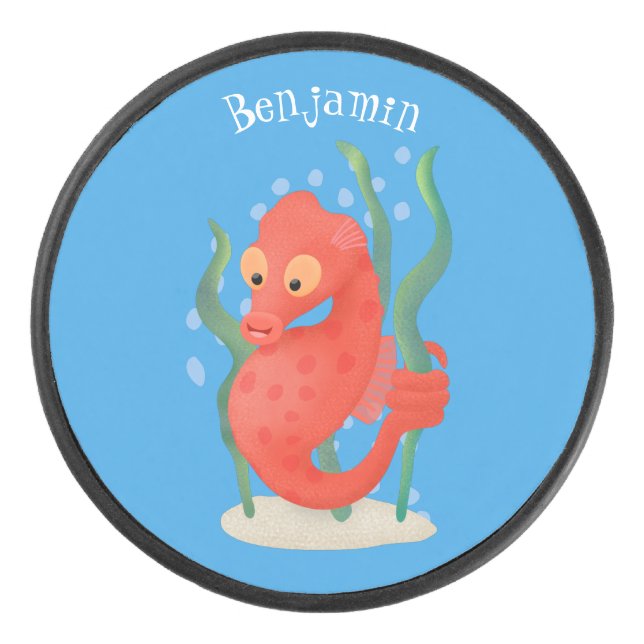 Cute pygmy seahorse cartoon hockey puck (Front)