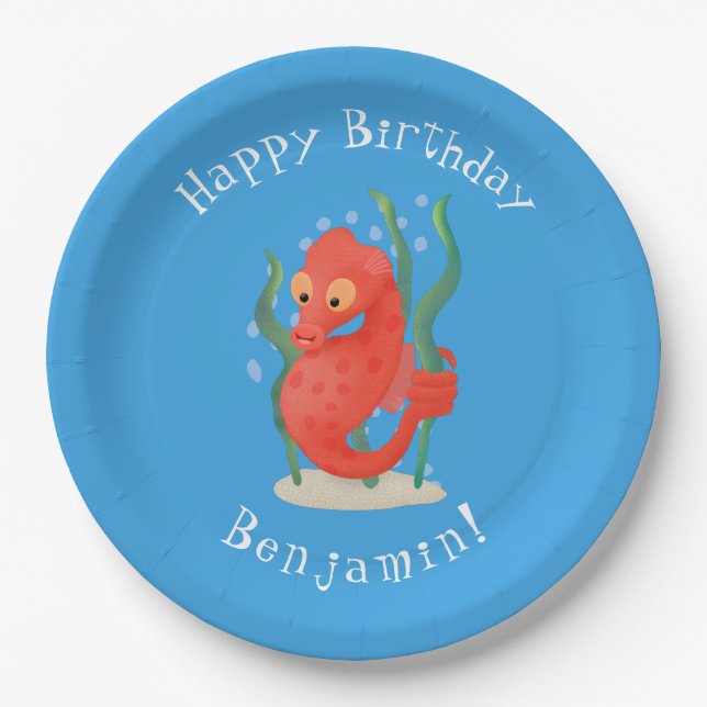 Cute pygmy seahorse cartoon paper plate (Front)