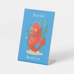 Cute pygmy seahorse cartoon pedestal sign