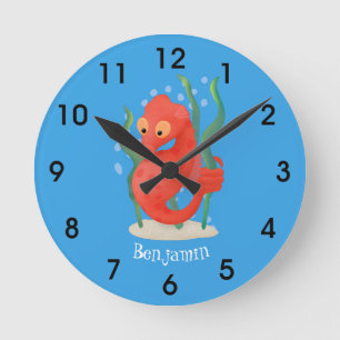 Cute pygmy seahorse cartoon round clock