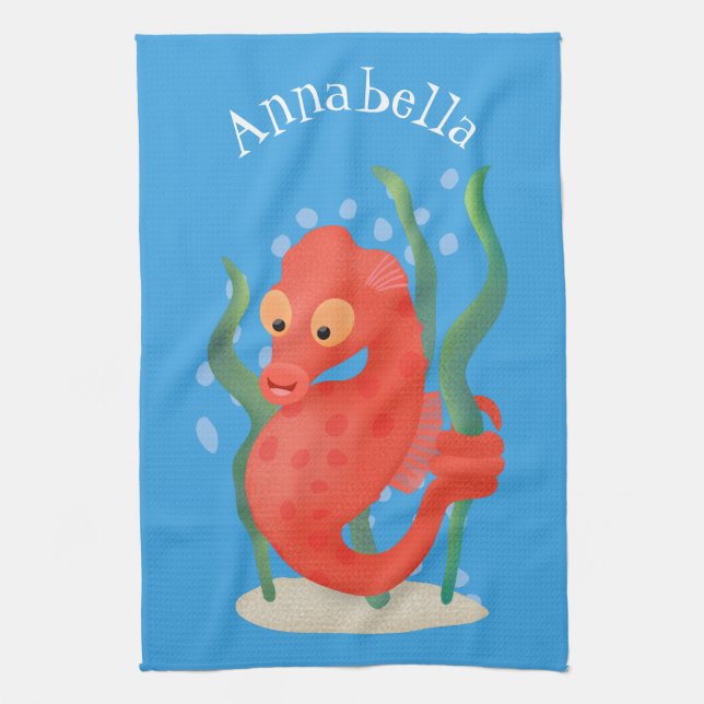 Cute pygmy seahorse cartoon tea towel (Vertical)