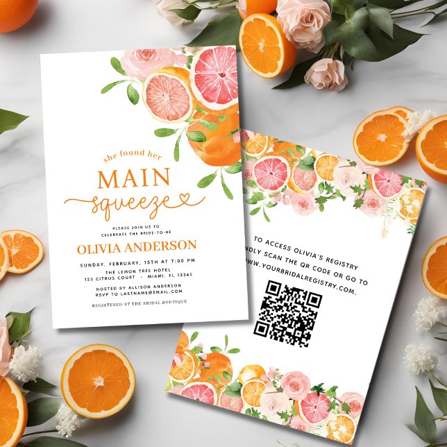 Cute QR Code Citrus Main Squeeze Bridal Shower Invitation (Creator Uploaded)