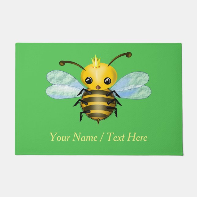 Cute Queen Bee Doormat with Custom Name Text (Front)