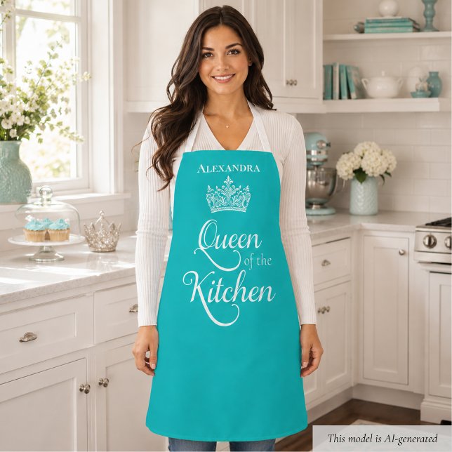 Cute Queen of the Kitchen Apron (elegant birds egg blue personalized queen of the kitchen apron with custom name monogram)