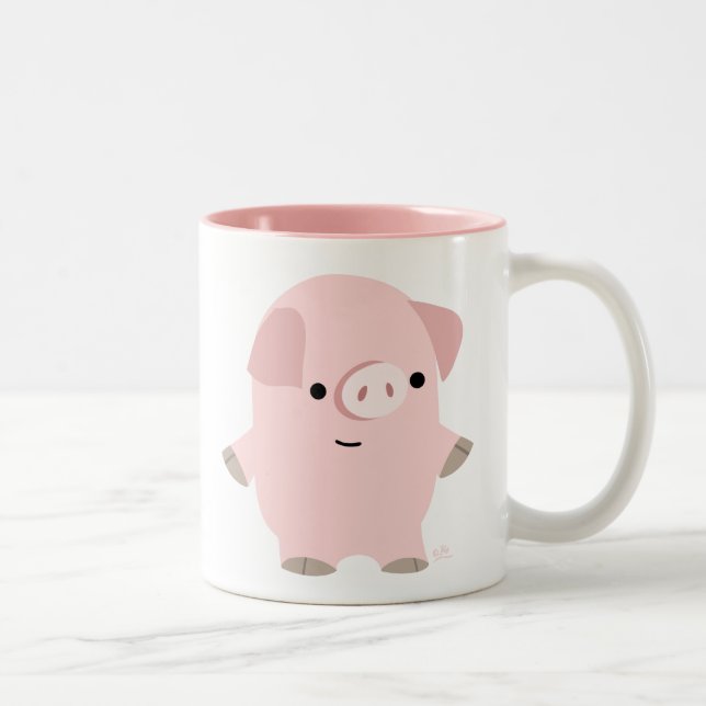 Cute Quiet Cartoon Pig Two-Tone Coffee Mug (Right)