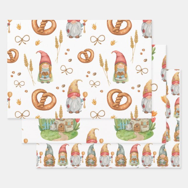 Cute Quirky Baking Holiday Christmas Gnomes  Wrapping Paper Sheet (Set)