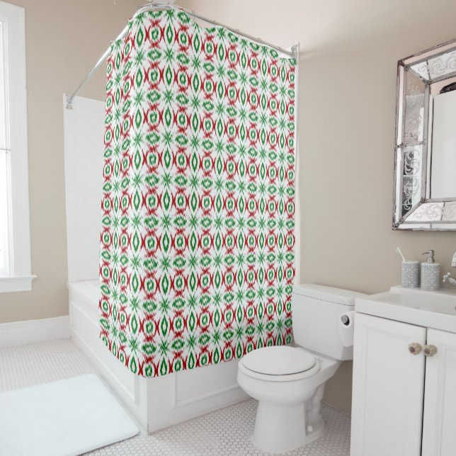 Cute Quirky Cabincore Minimalist Christmas Ikat Shower Curtain (In Situ)
