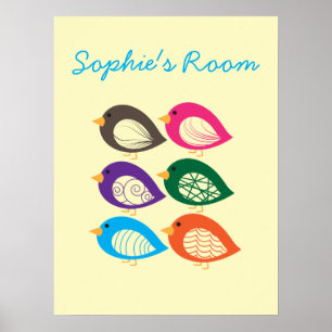 Cute quirky colorful birds poster