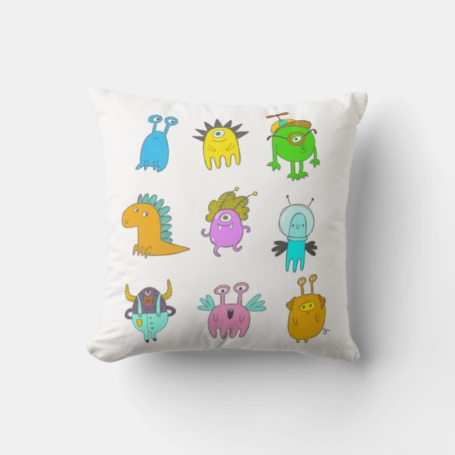 Cute Quirky Colourful Monster Cartoon Drawings Cushion (Front)