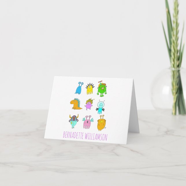 Cute Quirky Colourful Monster Cartoon Personalised Note Card (Front)
