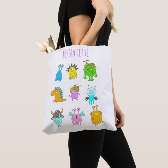 Cute Quirky Colourful Monster Cartoon Personalised Tote Bag (Close Up)