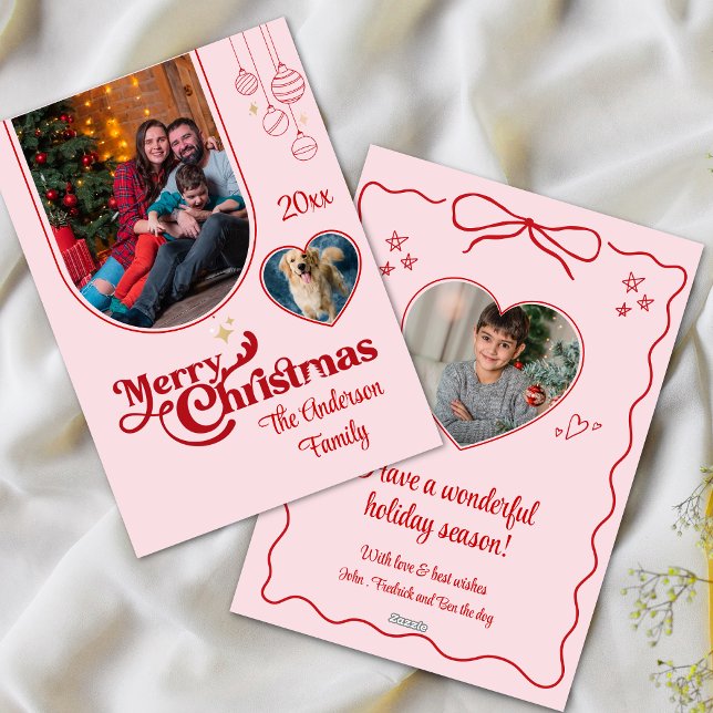 Cute quirky doodle christmas custom 3photo pink holiday card (Creator Uploaded)
