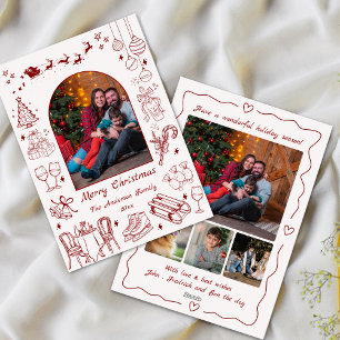 Cute quirky doodle christmas custom photo fun red holiday card
