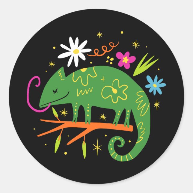 cute quirky green colour chameleon baby character. classic round sticker (Front)