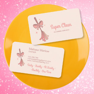 Cute Quirky House Cleaning Logo Retro Broom Bow Business Card