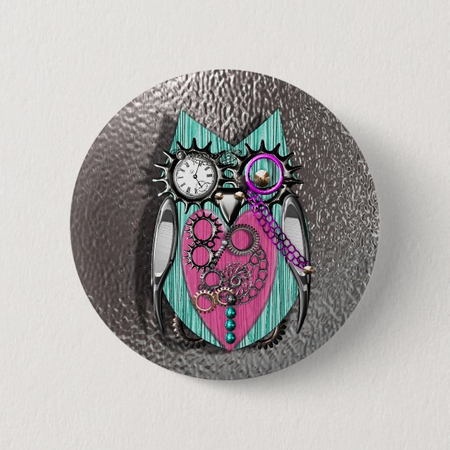 Cute Quirky Owl Steam Punk Style Pink Teal Silver 6 Cm Round Badge (Front)