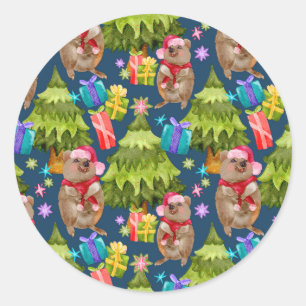 Cute Quokka Blue Christmas Classic Round Sticker