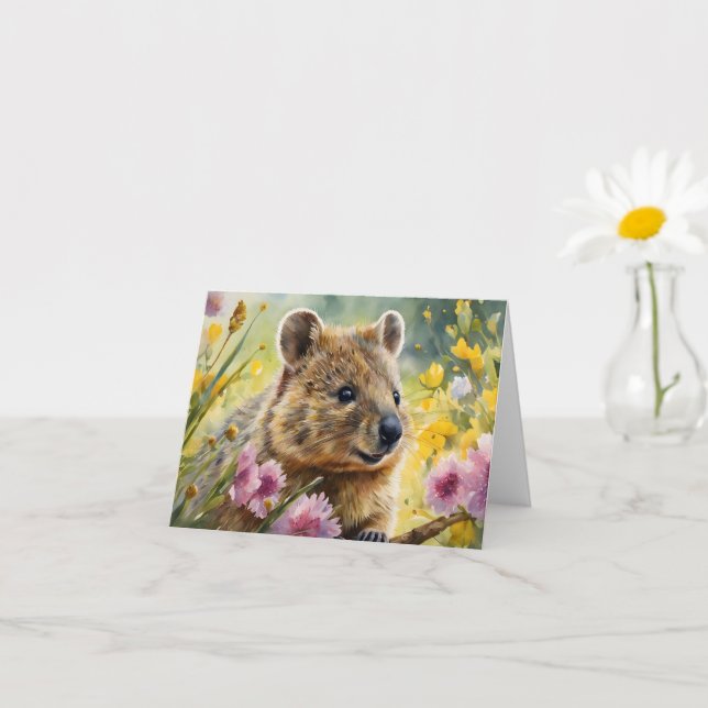 Cute Quokka Flowers Watercolor Illustration Blank Card (Small Plant)