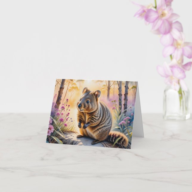 Cute Quokka Pink Flowers Watercolor Blank Greeting Card (Orchid)