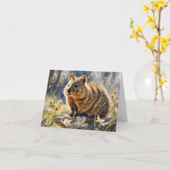 Cute Quokka White Flower Watercolor Blank Greeting Card (Yellow Flower)