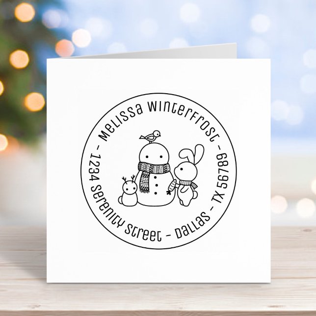 Cute Rabbit Adding Carrot to Snowman Round Address Rubber Stamp (Creator Uploaded)