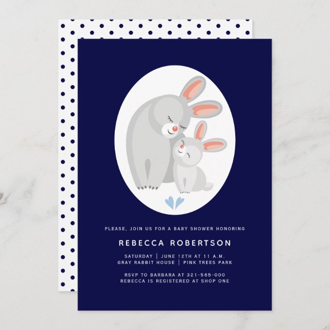 Cute rabbit and bunny navy blue baby boy shower invitation (Front/Back)