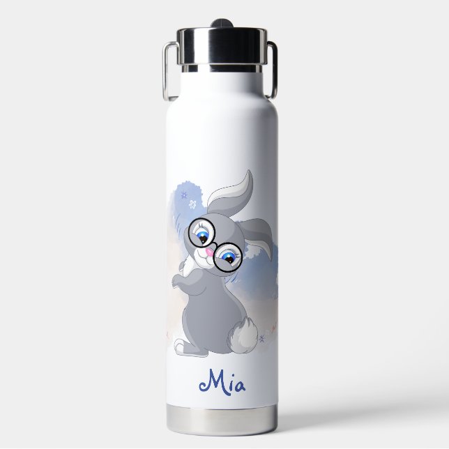 Cute Rabbit and Glasses Personalised Water Bottle (Front)