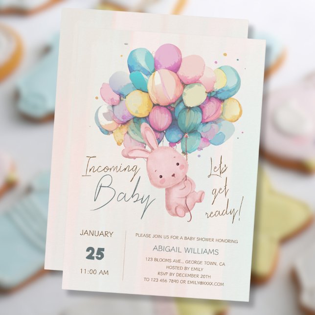 Cute Rabbit & Balloons Baby Shower Invitation (Creator Uploaded)