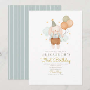 Cute Rabbit Baloon First Birthday 1st Birthday Invitation