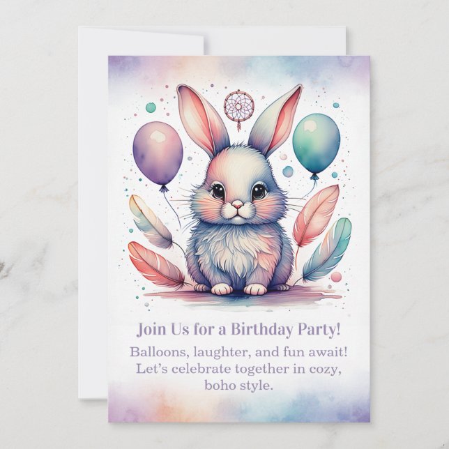 Cute Rabbit Birthday Invitation Woodland Boho  (Front)