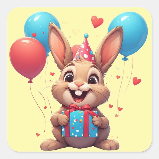 🎈 Cute Rabbit Birthday Party Theme Square Sticker (Front)