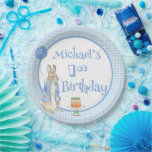 Cute Rabbit Blue 1st Birthday Party Paper Plate<br><div class="desc">Cute Rabbit Blue birthday party personalised paper plate with carrot cakes and balloons.  Blue & white plaid frame with carrot cake and Peter Rabbit graphic.  Personalise with your choice of name.  Perfect for the sweetest bunny birthday party.</div>