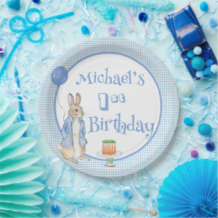 Cute Rabbit Blue 1st Birthday Party Paper Plate