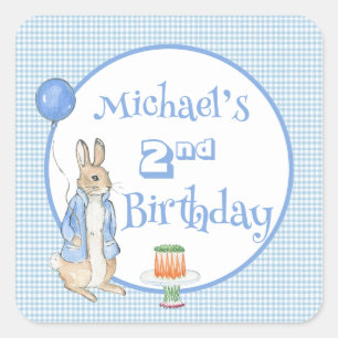 Cute Rabbit Blue 2nd Two Birthday Party Square Sticker
