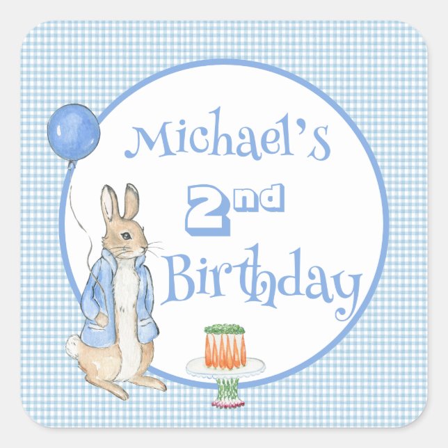 Cute Rabbit Blue 2nd Two Birthday Party Square Sticker (Front)