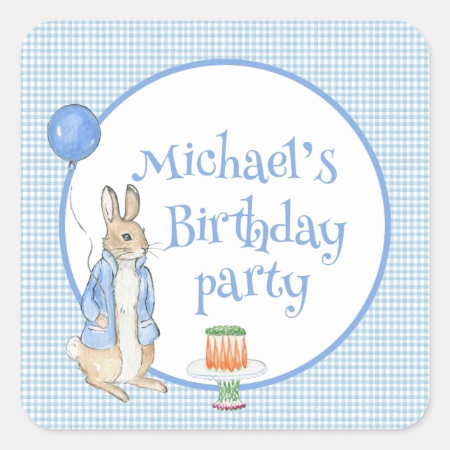 Cute Rabbit Blue Personalised Birthday Party Square Sticker (Front)