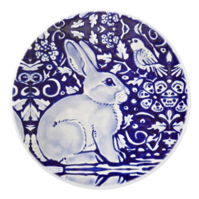 Cute Rabbit Blue White Woodland Animal Dedham Ceramic Knob (Front)