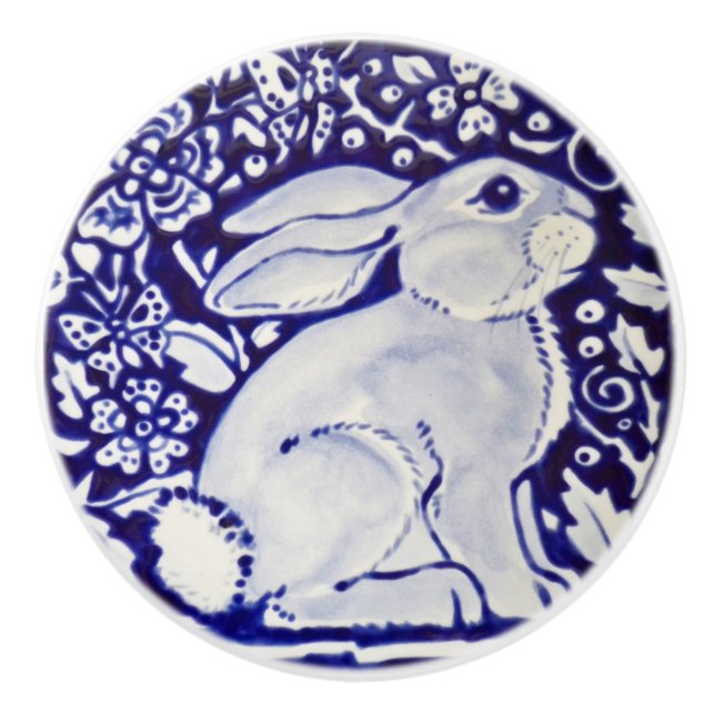 Cute Rabbit Blue White Woodland Animal Dedham  Ceramic Knob (Front)