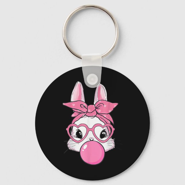 Cute Rabbit Bunny Blowing Bubble Gum Easter Day  Key Ring (Front)