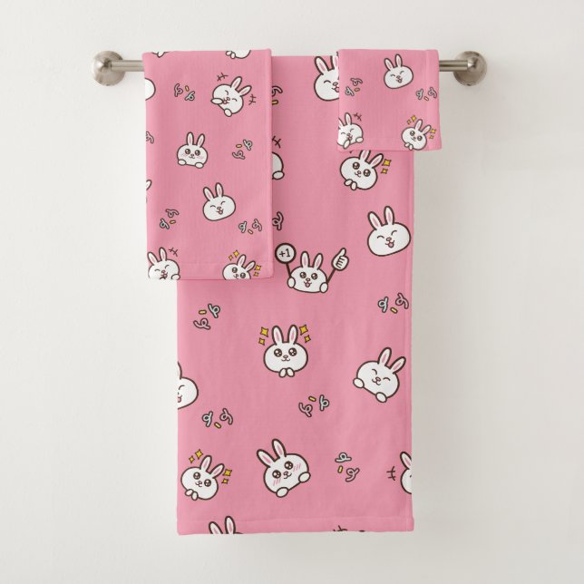 Cute rabbit bunny emoticons Pink Bath Towel Set (Insitu)