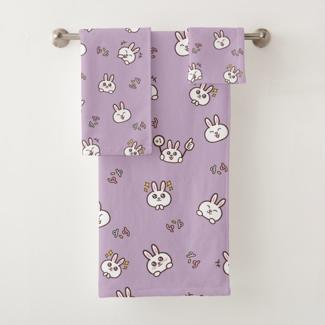 Cute rabbit bunny emoticons purple bath towel set (Insitu)