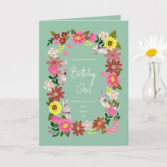 Cute Rabbit Bunny Floral birthday card (Small Plant)