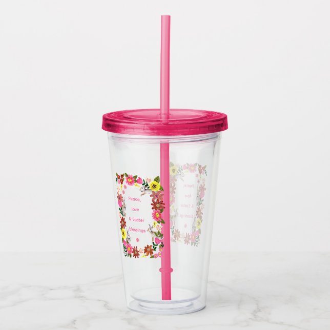 Cute Rabbit Bunny Floral wreath quote Acrylic Tumbler (Front)