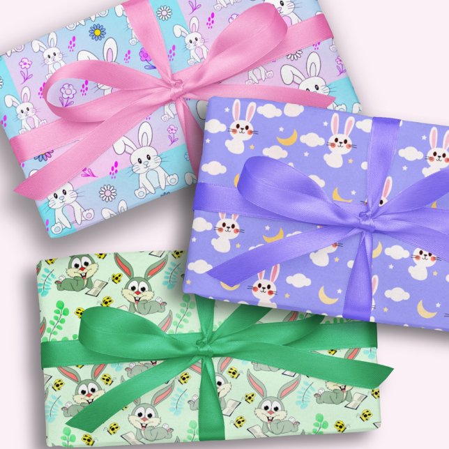 Cute Rabbit Bunny Illustration Pink Green Lavender Wrapping Paper Sheet (Creator Uploaded)