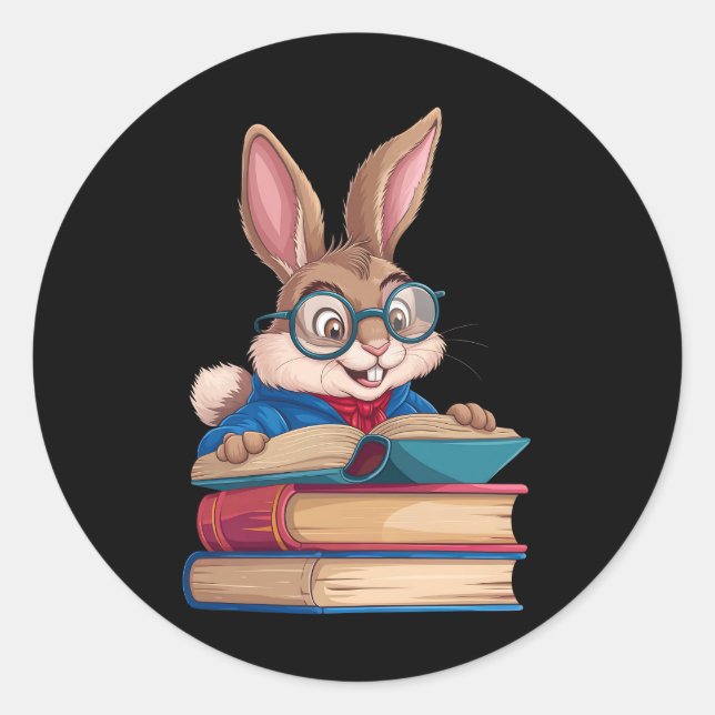 Cute Rabbit Bunny Reading Books Easter Classic Round Sticker (Front)