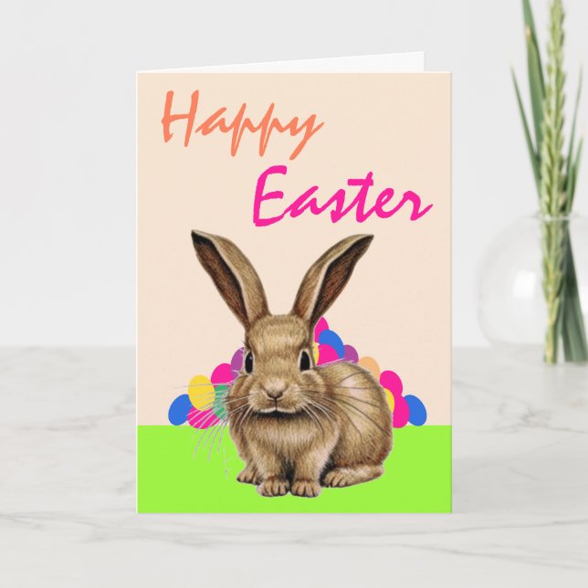 Cute Rabbit Bunny with Easter Eggs Happy Easter Holiday Card (Front)